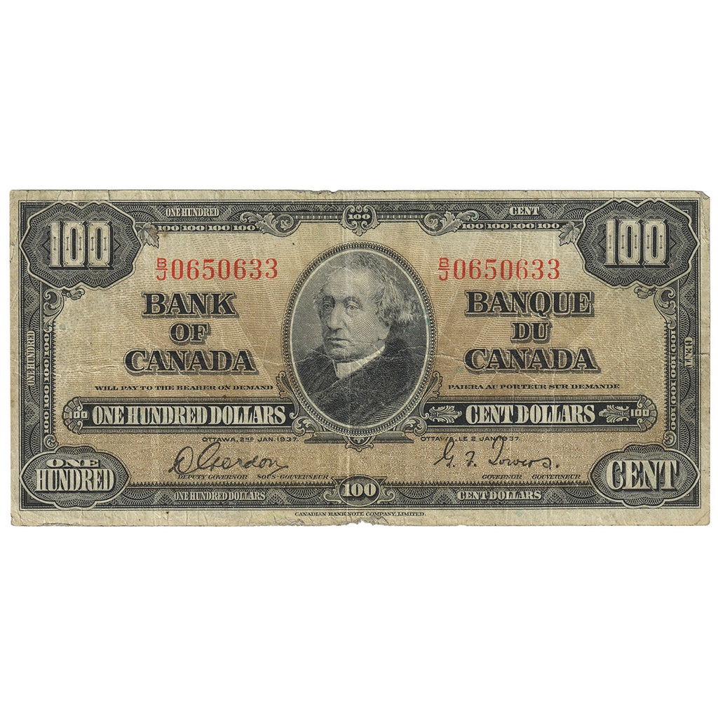 BC-27b 1937 Canada $100 Gordon-Towers, B/J, Fine (F12)