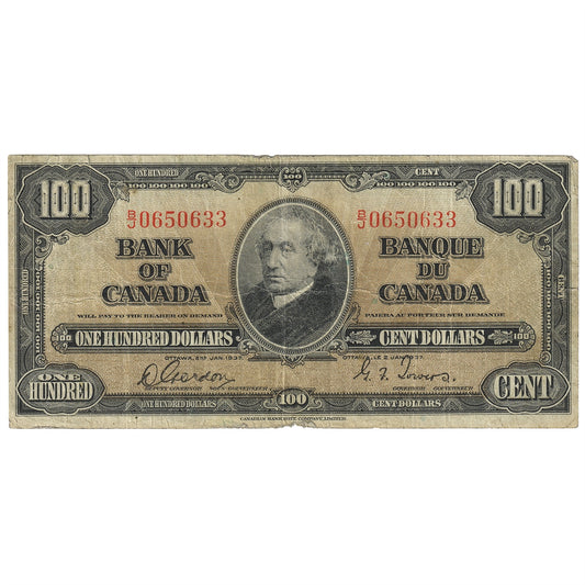 BC-27b 1937 Canada $100 Gordon-Towers, B/J, Fine (F12)