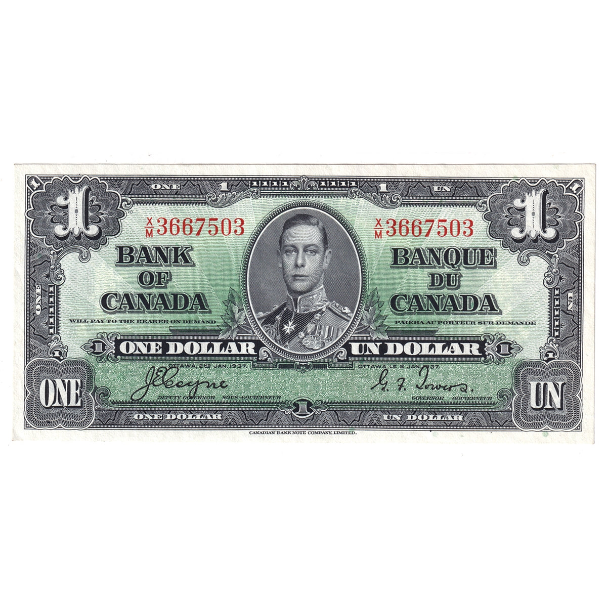 BC-21d 1937 Canada $1 Coyne-Towers, X/M, AU-UNC (AU55)