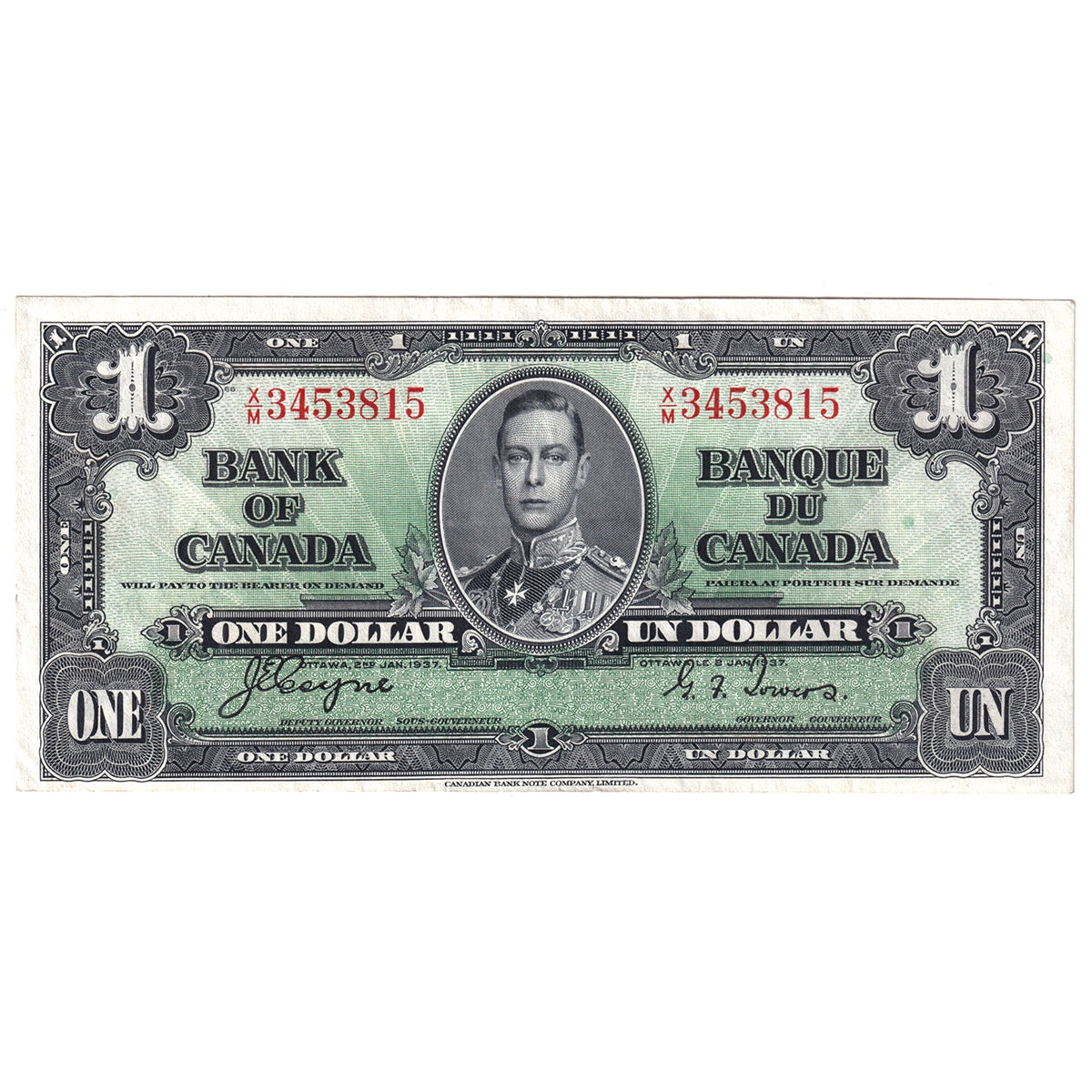 BC-21d 1937 Canada $1 Coyne-Towers, X/M, Almost Uncirculated (AU50)