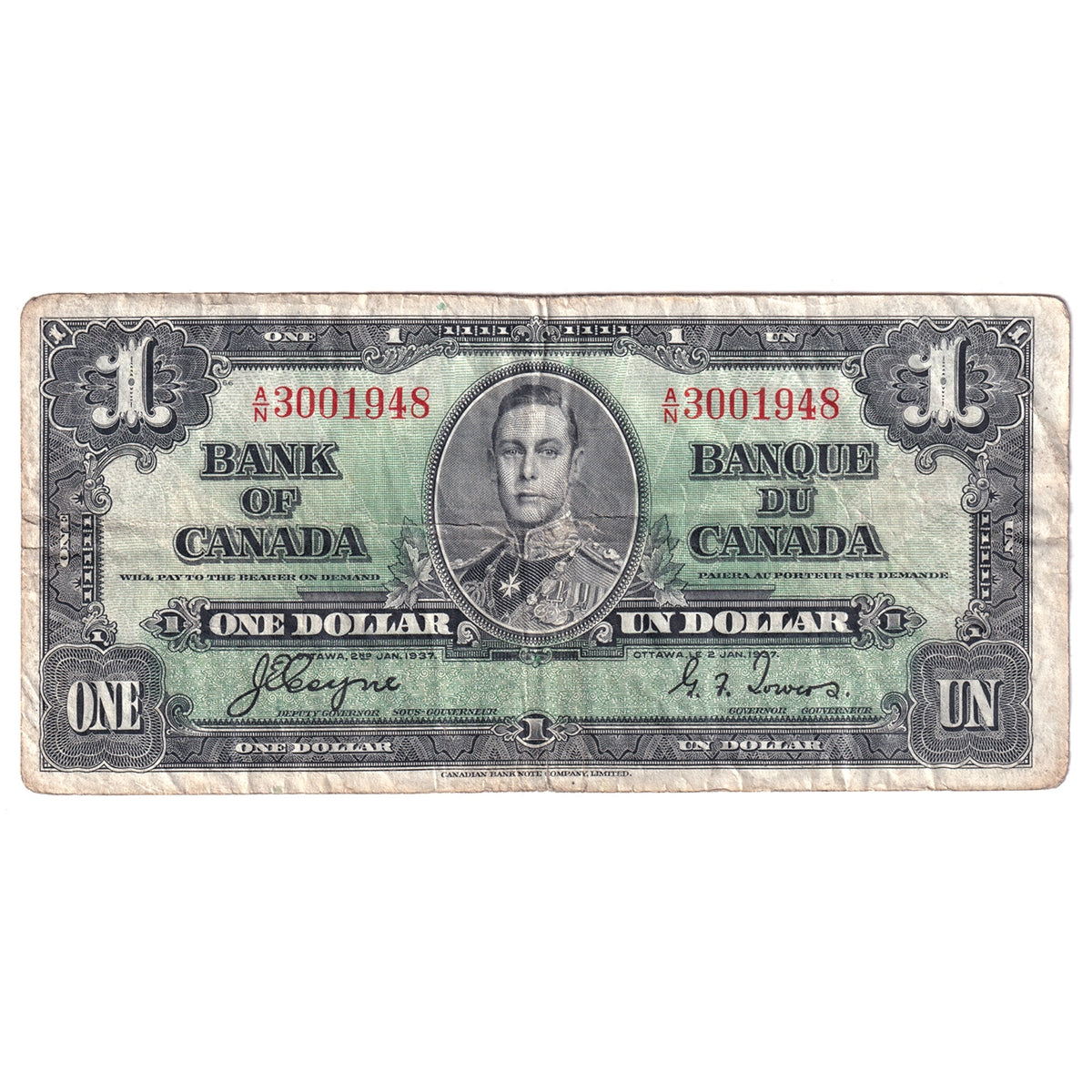 BC-21d 1937 Canada $1 Coyne-Towers, A/N, F-VF