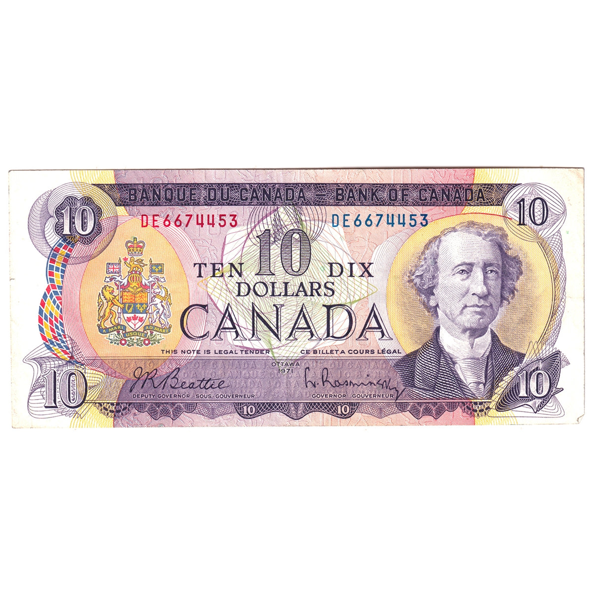 BC-49a 1971 Canada $10 Beattie-Rasminsky, DE, CIRC