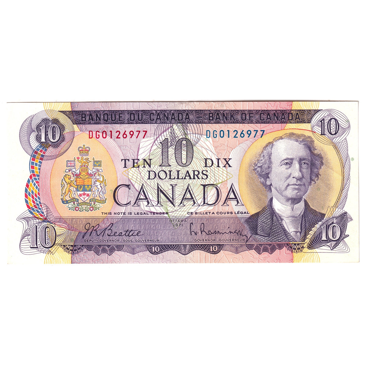 BC-49a 1971 Canada $10 Beattie-Rasminsky, DG, Almost Uncirculated (AU50)