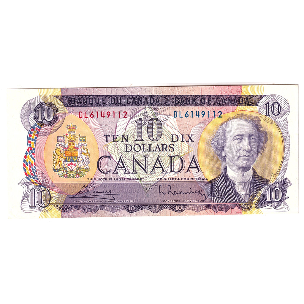 BC-49b 1971 Canada $10 Bouey-Rasminsky, DL, Almost Uncirculated (AU50)