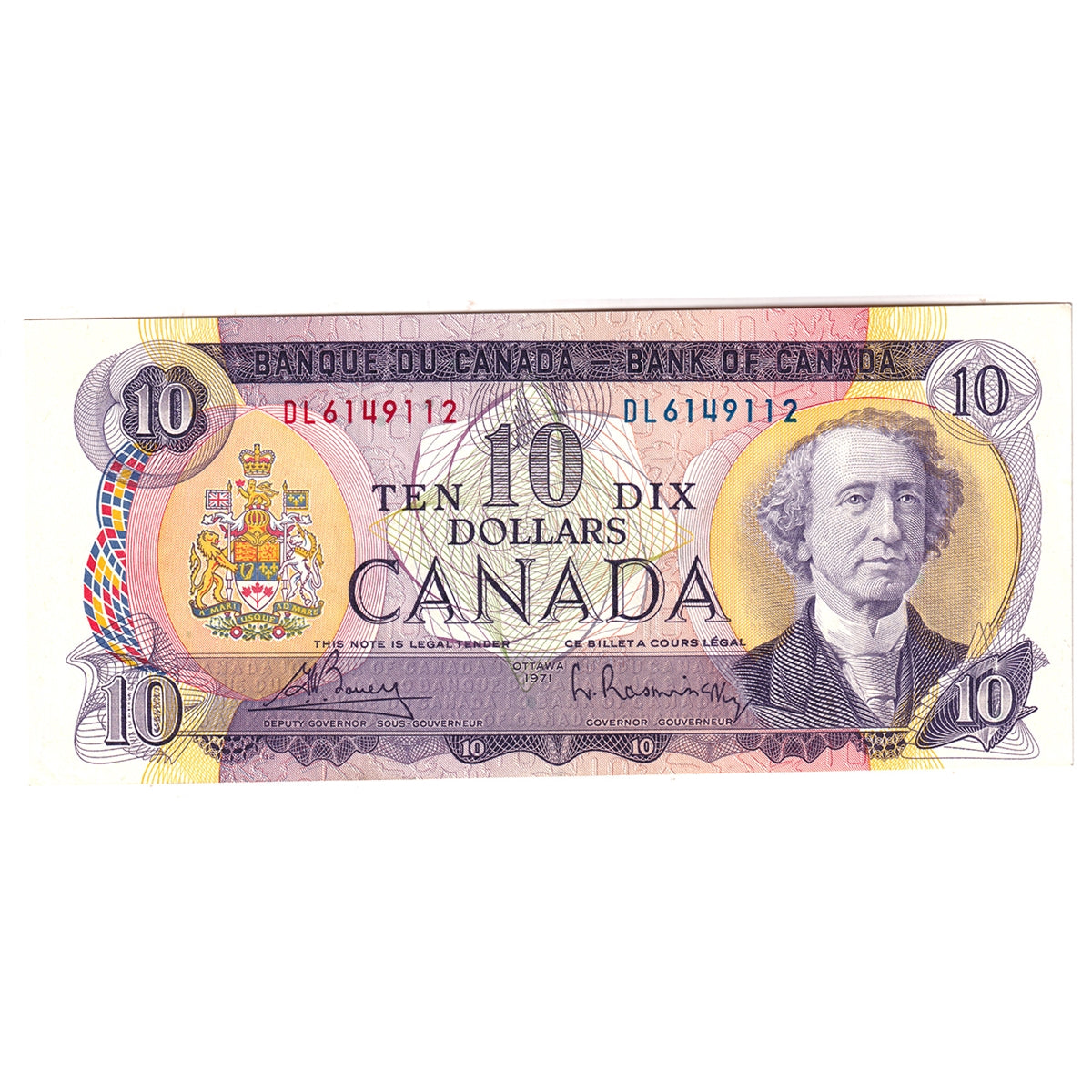 BC-49b 1971 Canada $10 Bouey-Rasminsky, DL, Almost Uncirculated (AU50)