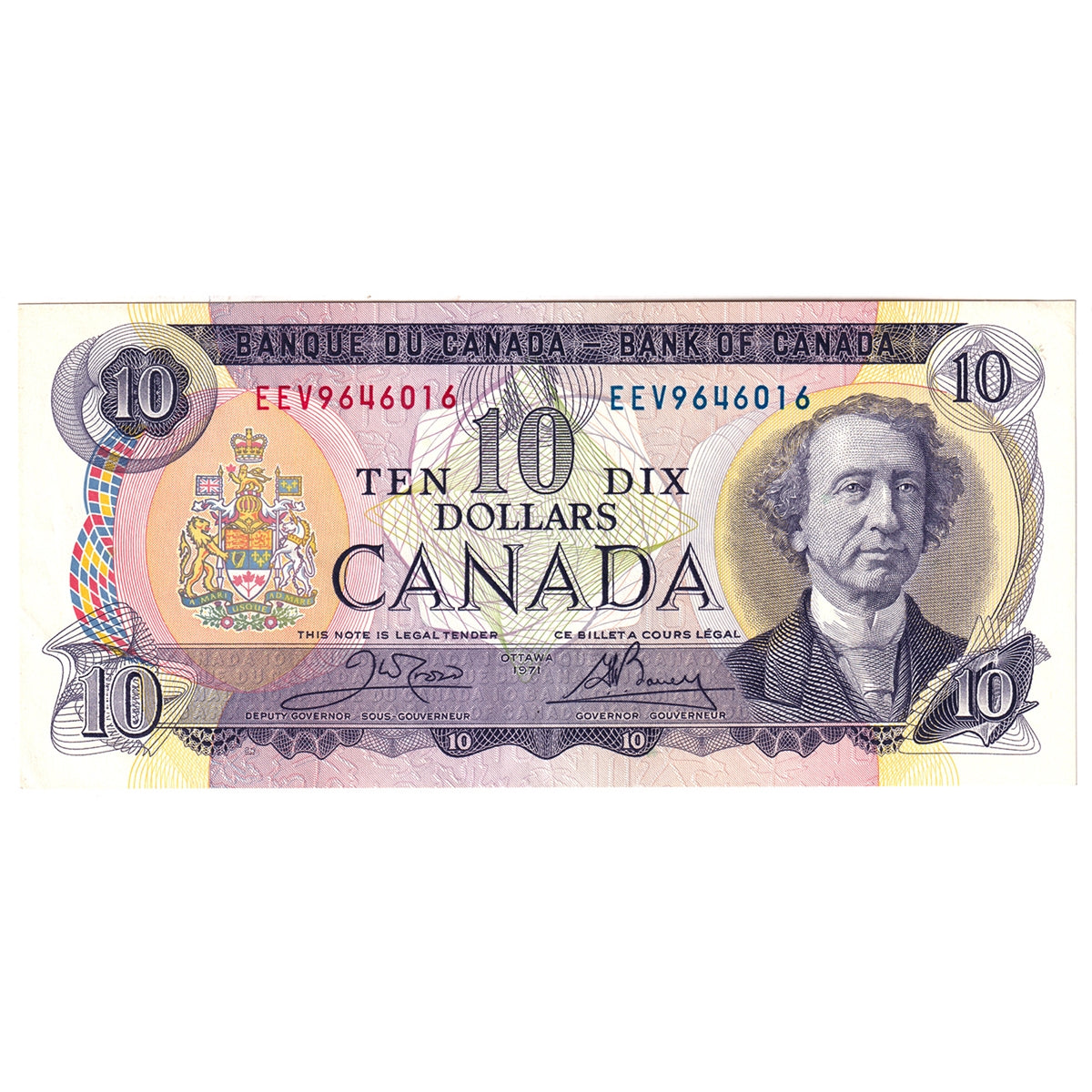 BC-49d 1971 Canada $10 Crow-Bouey, Lithographed, EEV, Almost Uncirculated (AU50)