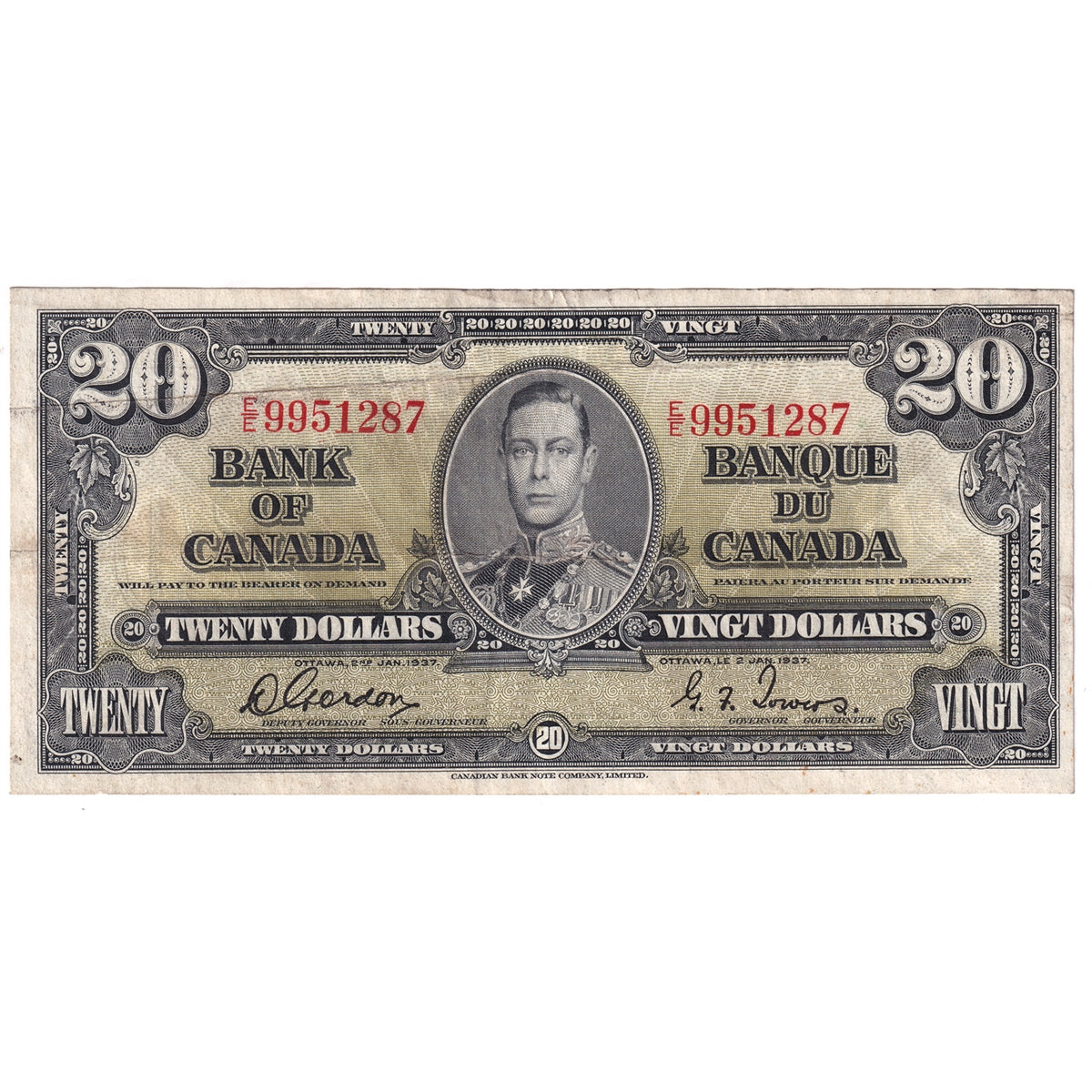 BC-25b 1937 Canada $20 Gordon-Towers, E/E, EF