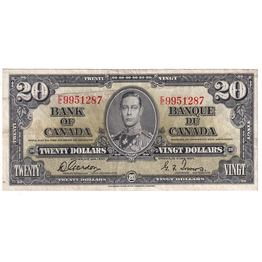 BC-25b 1937 Canada $20 Gordon-Towers, E/E, EF