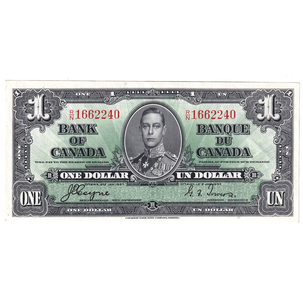BC-21d 1937 Canada $1 Coyne-Towers, R/N, AU-UNC