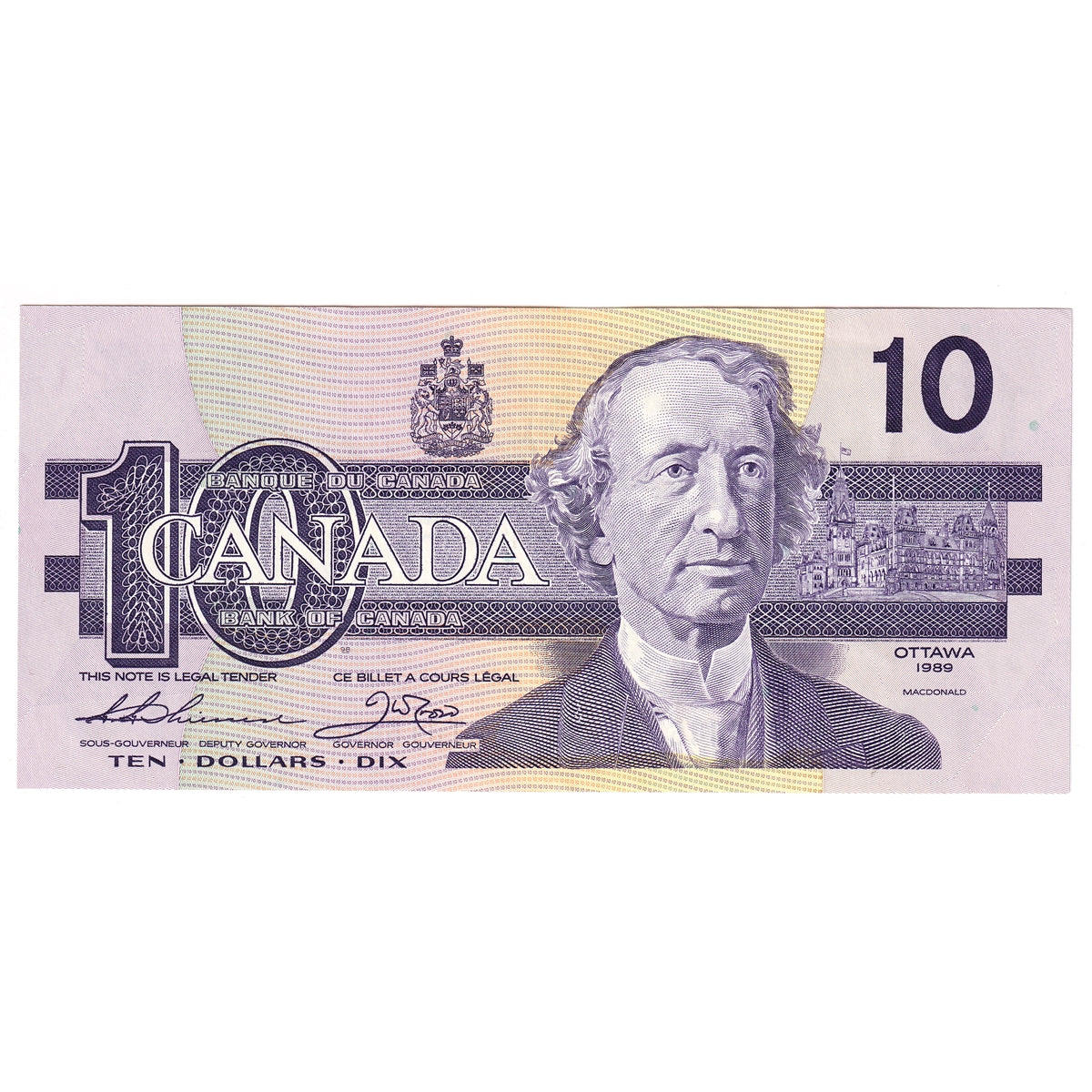 BC-57a 1989 Canada $10 Thiessen-Crow, ATJ, Almost Uncirculated (AU50)