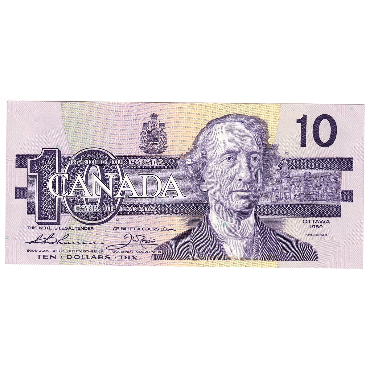 BC-57a 1989 Canada $10 Thiessen-Crow, ATN, Almost Uncirculated (AU50)