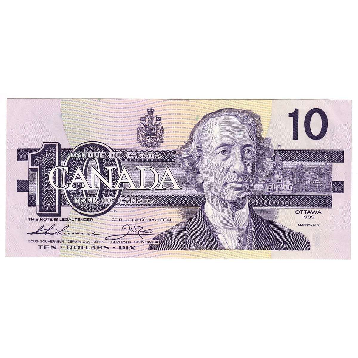 BC-57a 1989 Canada $10 Thiessen-Crow, BDD, Almost Uncirculated (AU50)