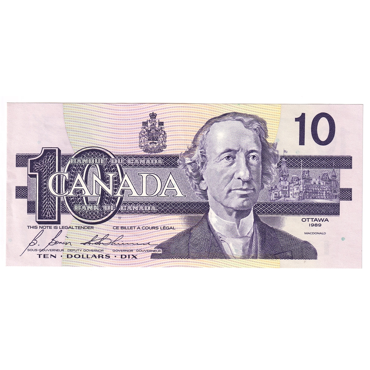 BC-57b 1989 Canada $10 Bonin-Thiessen, BDI, Almost Uncirculated (AU50)