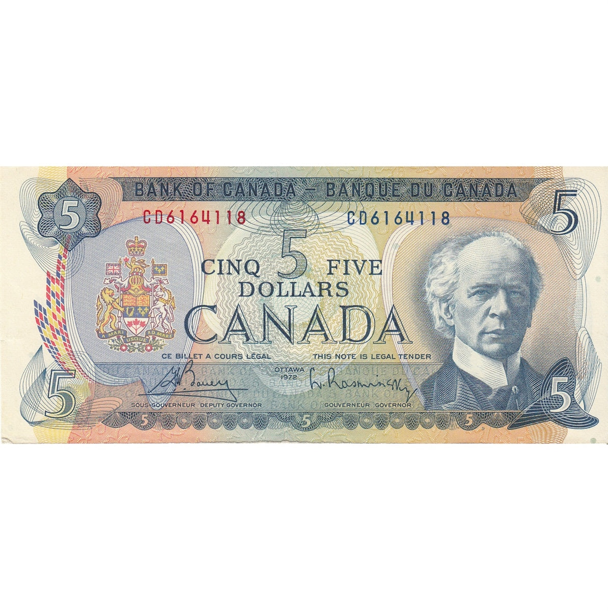BC-48a 1972 Canada $5 Bouey-Rasminsky, CD, AU-UNC (AU55)