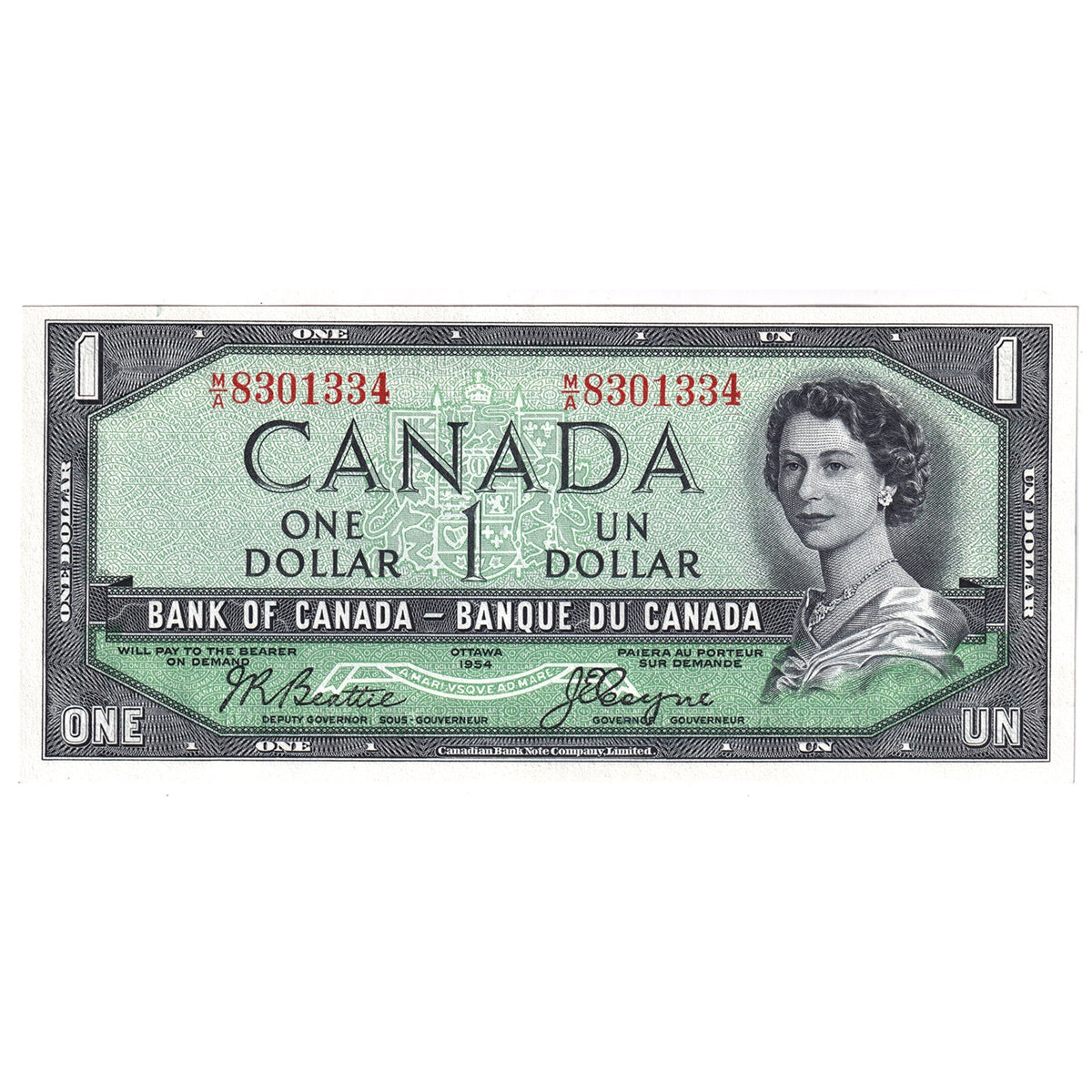 BC-29b 1954 Canada $1 Beattie-Coyne, Devil's Face, M/A, Choice Uncirculated (CUNC63)