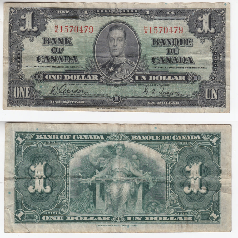 BC-21b 1937 Canada $1 Gordon-Towers, Narrow Panel, H/A, Very Fine (VF20)