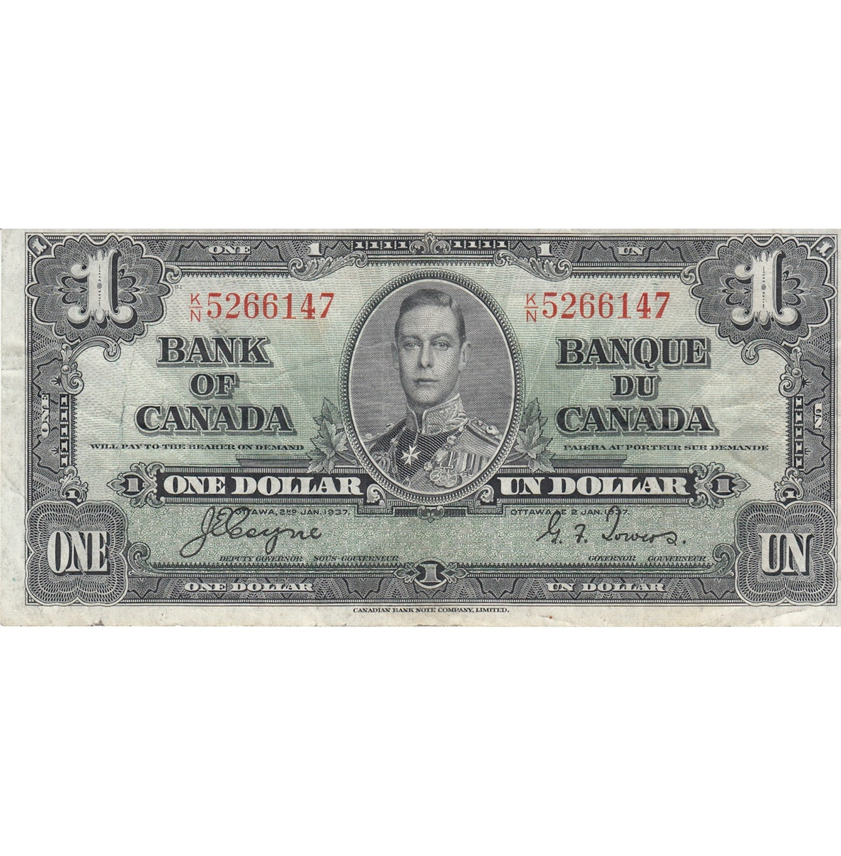 BC-21d 1937 Canada $1 Coyne-Towers, K/N, VF