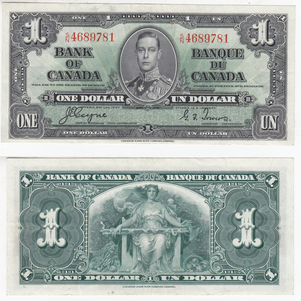 BC-21d 1937 Canada $1 Coyne-Towers, S/N, VF-EF
