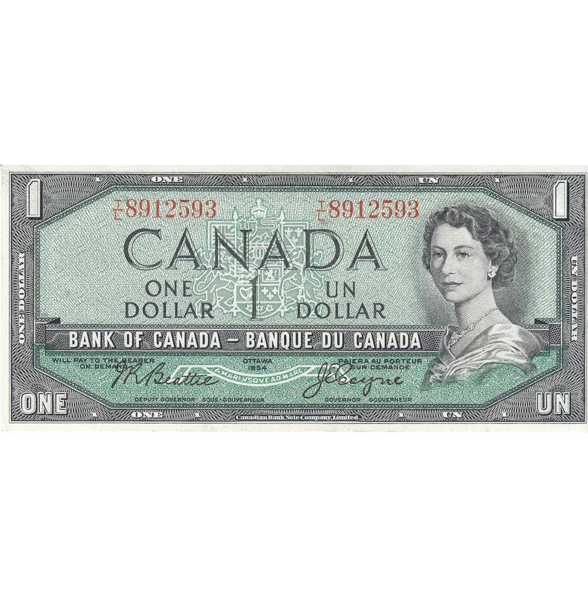 BC-37a 1954 Canada $1 Beattie-Coyne, T/L, Extra Fine (EF40)