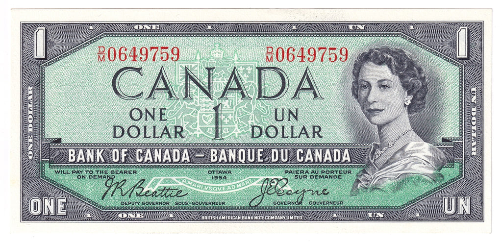 BC-37a-i 1954 Canada $1 Beattie-Coyne, D/M, AU-UNC (AU55)