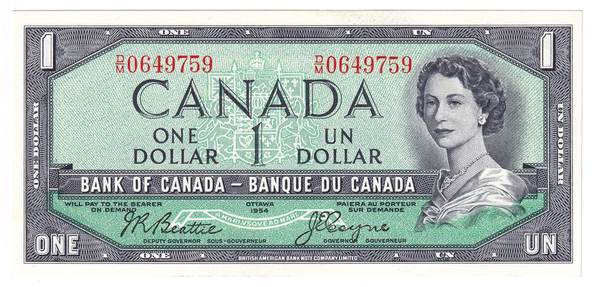 BC-37a-i 1954 Canada $1 Beattie-Coyne, D/M, AU-UNC (AU55)
