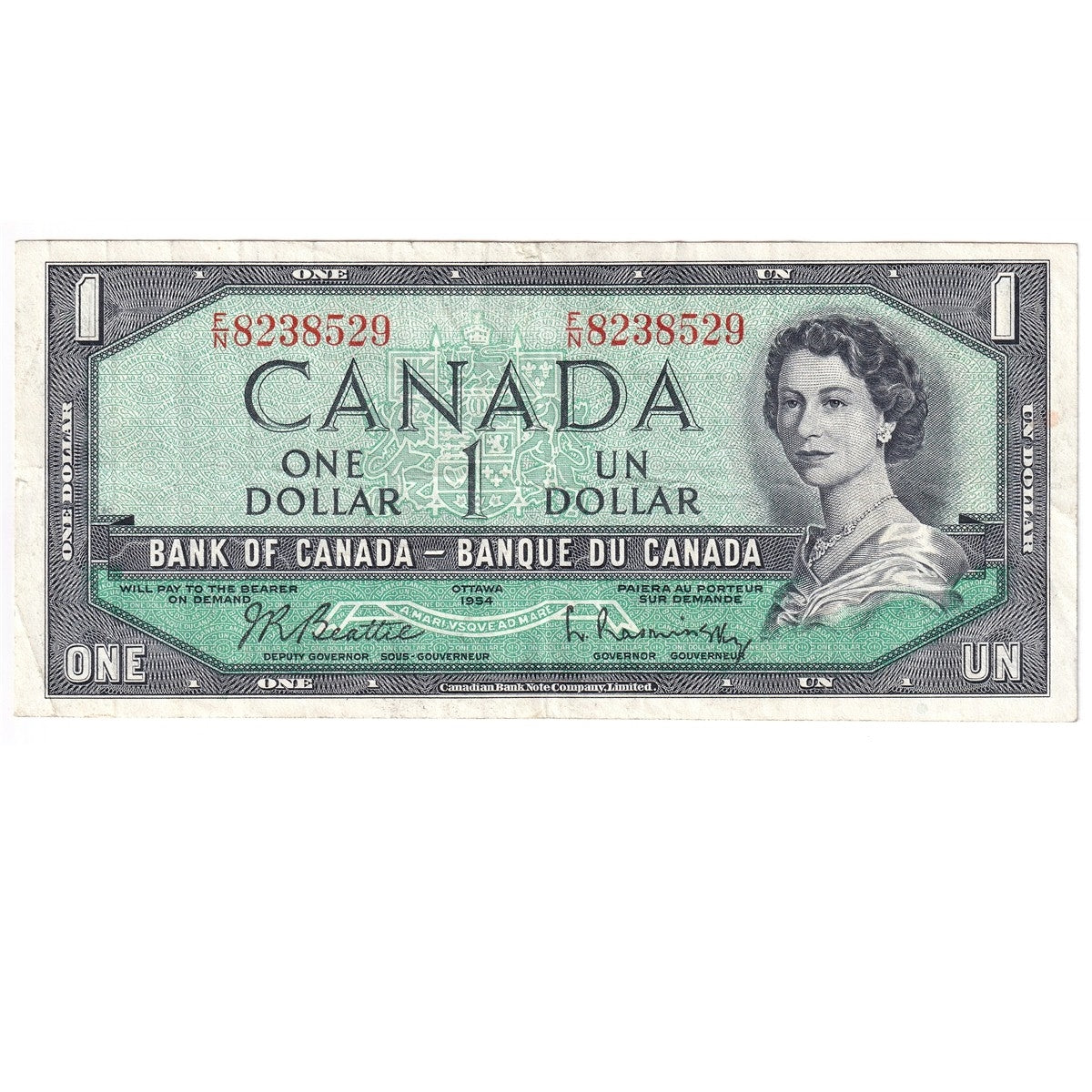 BC-37b 1954 Canada $1 Beattie-Rasminsky, F/N, Very Fine (VF20)