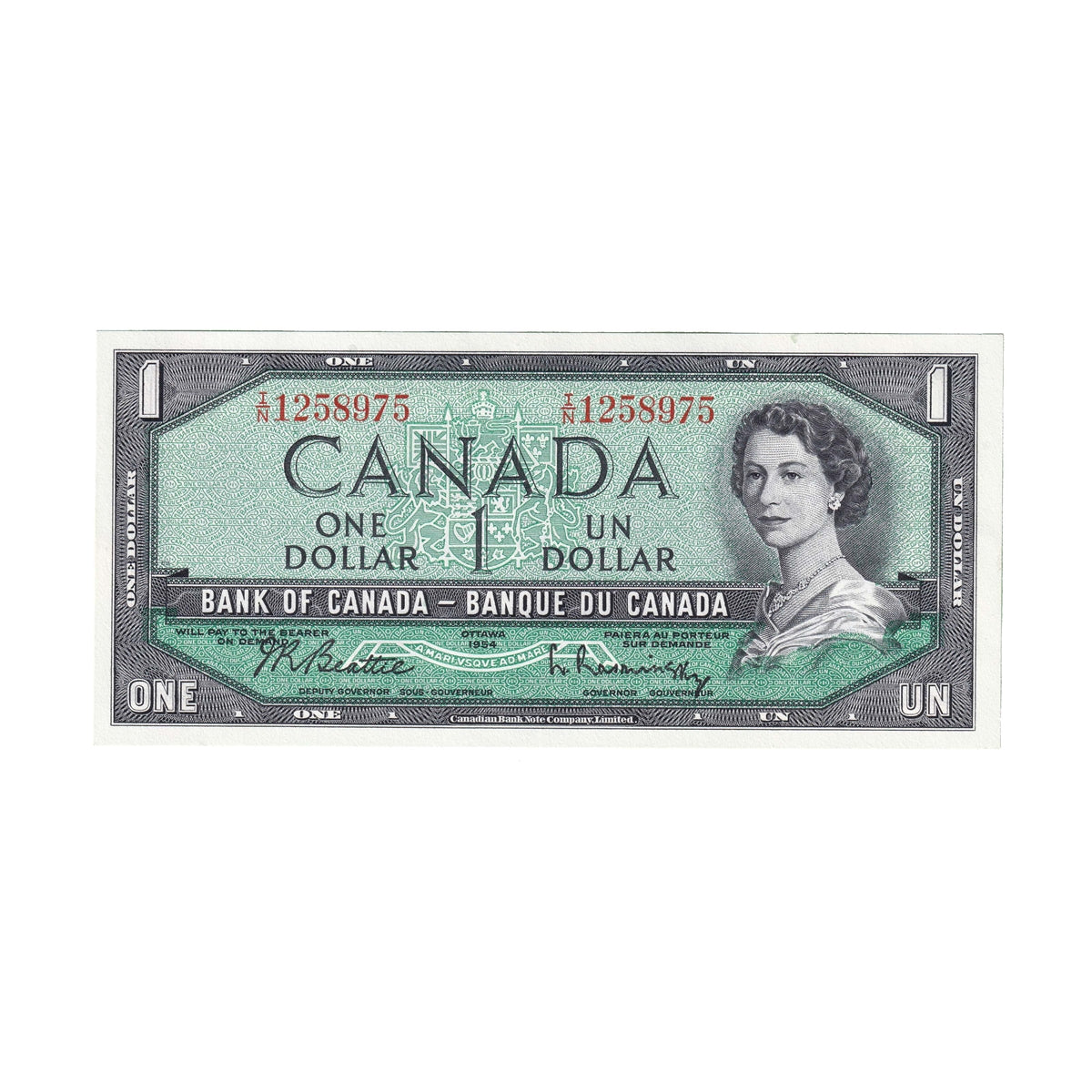 BC-37b 1954 Canada $1 Beattie-Rasminsky, I/N, Uncirculated (MS60)