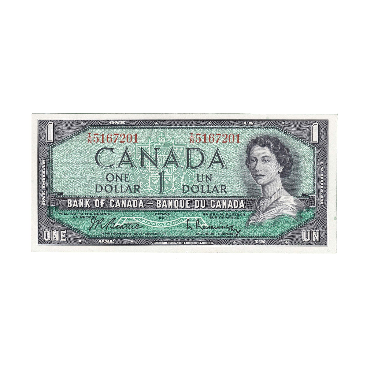 BC-37b 1954 Canada $1 Beattie-Rasminsky, I/N, AU-UNC (AU55)