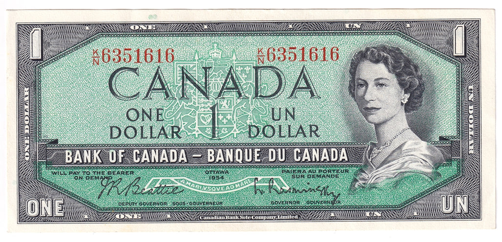 BC-37b 1954 Canada $1 Beattie-Rasminsky, K/N, Almost Uncirculated (AU50)