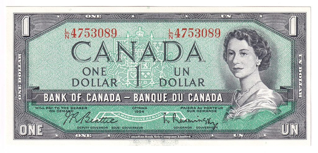 BC-37b 1954 Canada $1 Beattie-Rasminsky, L/N, AU-UNC (AU55)