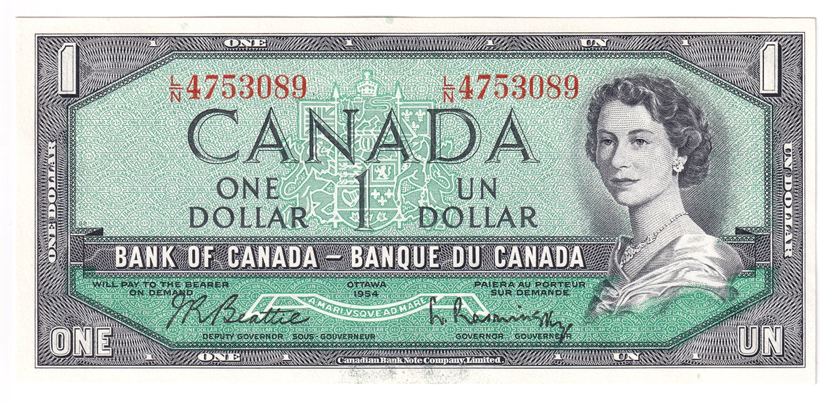 BC-37b 1954 Canada $1 Beattie-Rasminsky, L/N, AU-UNC (AU55)