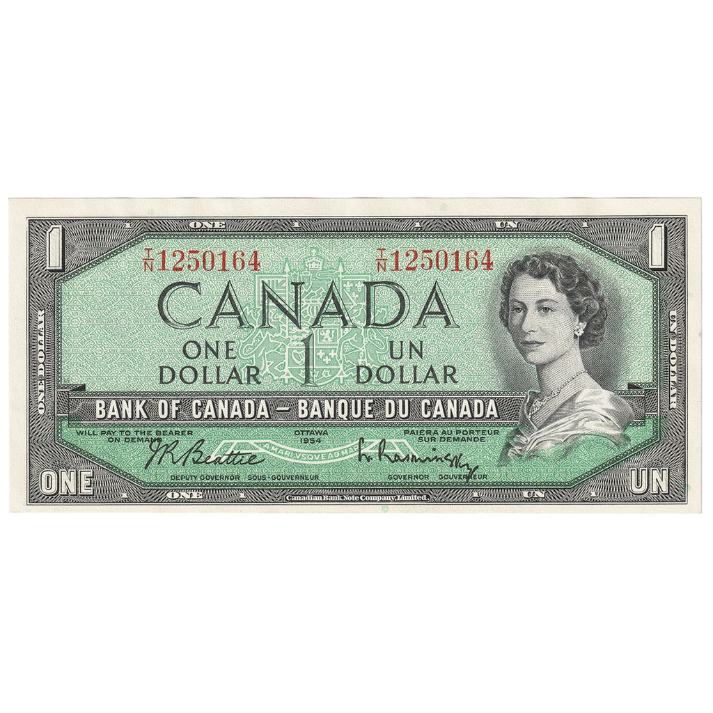 BC-37b 1954 Canada $1 Beattie-Rasminsky, T/N, Almost Uncirculated (AU50)