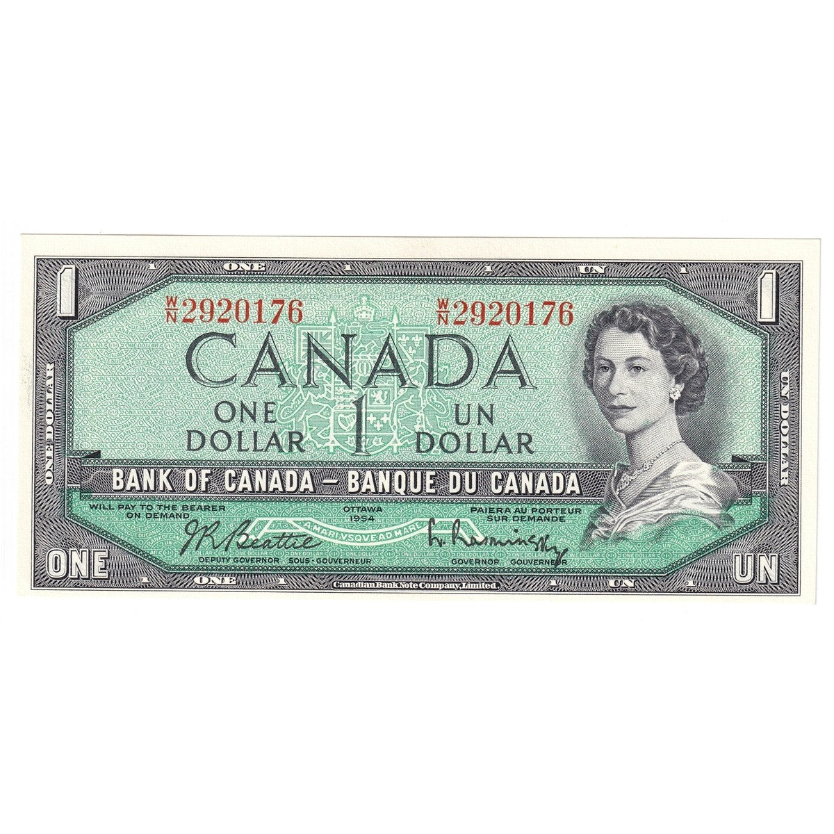 BC-37b 1954 Canada $1 Beattie-Rasminsky, W/N, Choice Uncirculated (CUNC63)