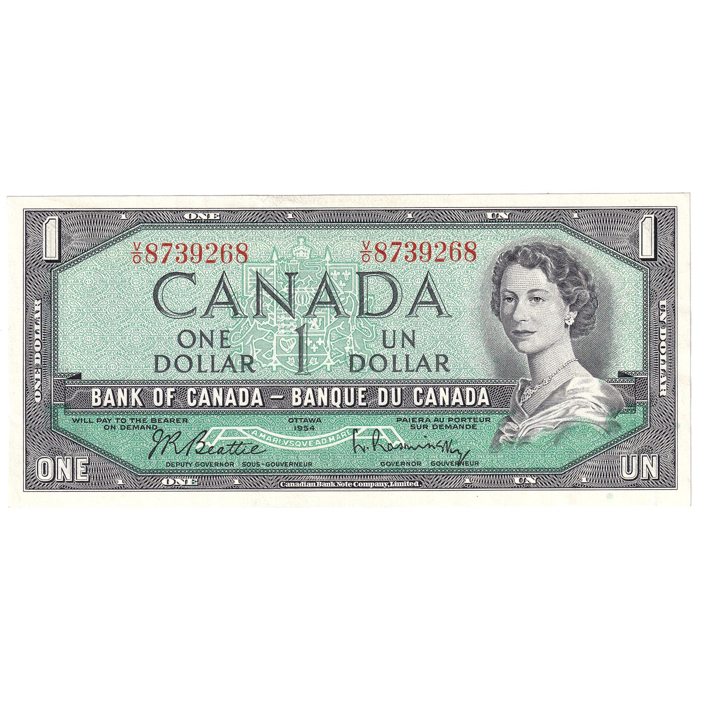 BC-37b 1954 Canada $1 Beattie-Rasminsky, V/O, AU-UNC (AU55)