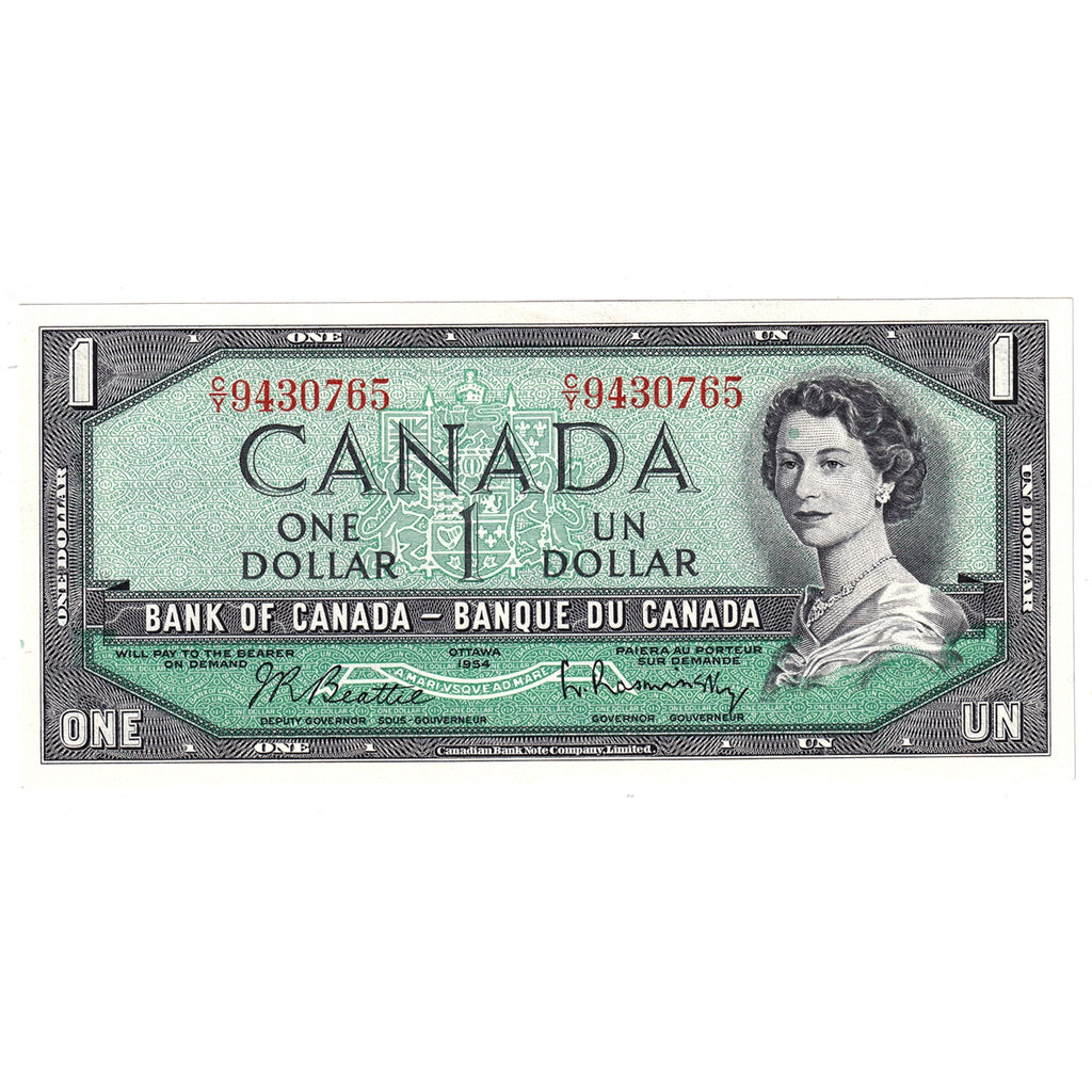 BC-37b 1954 Canada $1 Beattie-Rasminsky, C/Y, AU-UNC (AU55)