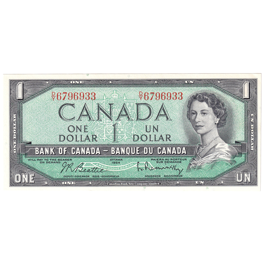 BC-37b 1954 Canada $1 Beattie-Rasminsky, D/Y, Almost Uncirculated (AU50)