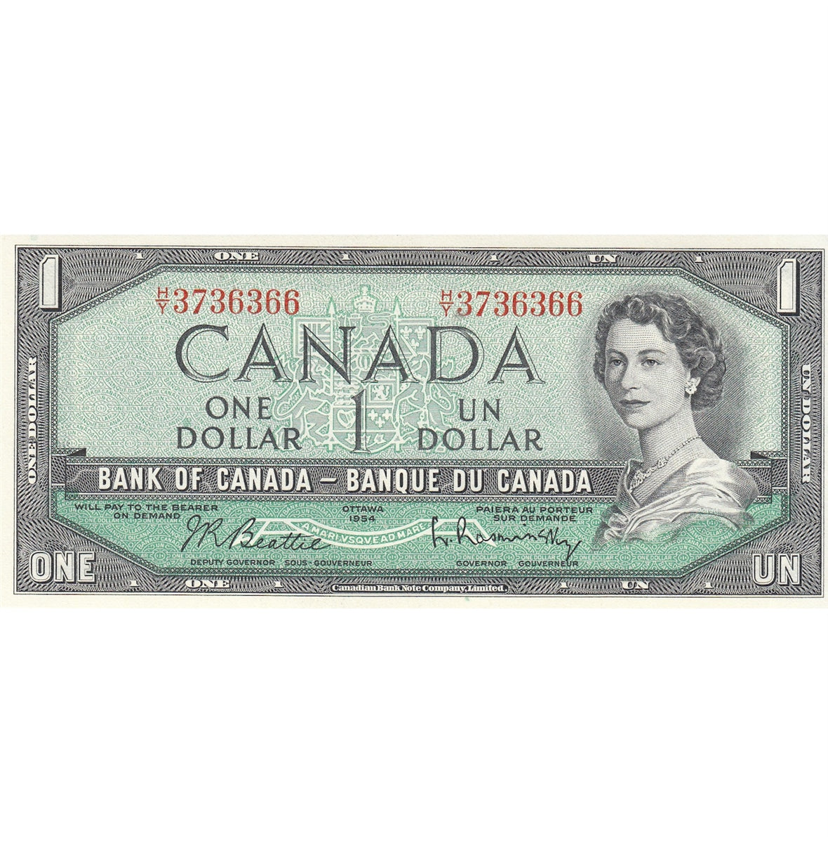 BC-37b 1954 Canada $1 Beattie-Rasminsky, H/Y, Choice Uncirculated (CUNC63)