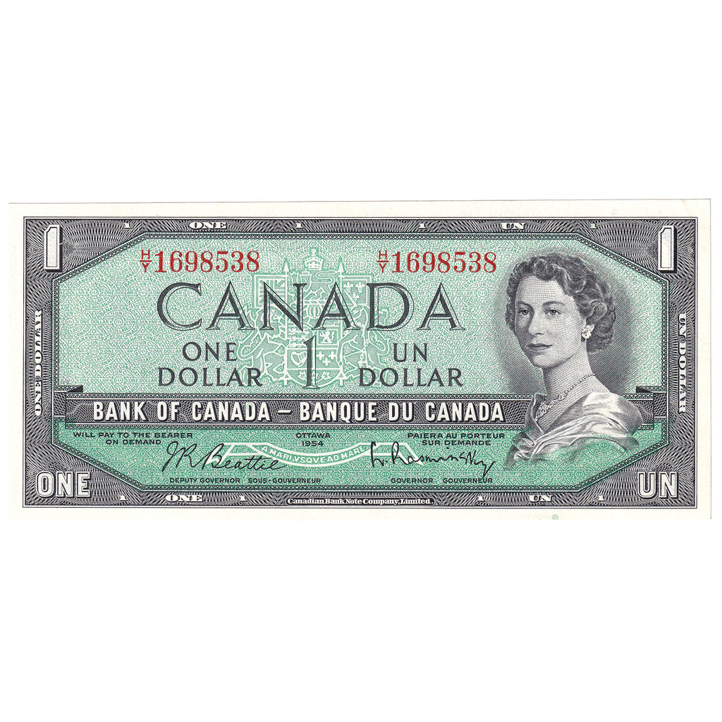 BC-37b 1954 Canada $1 Beattie-Rasminsky, H/Y, Almost Uncirculated (AU50)