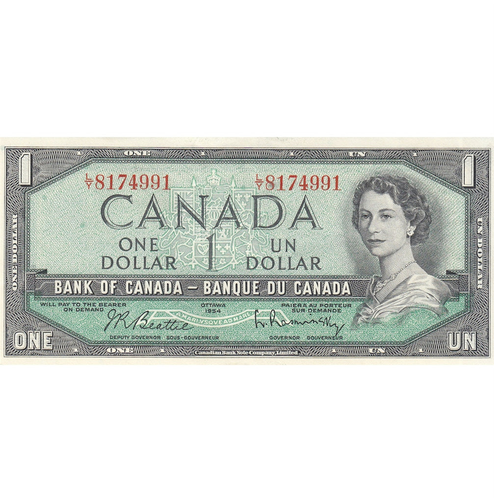 BC-37b 1954 Canada $1 Beattie-Rasminsky, L/Y, Almost Uncirculated (AU50)