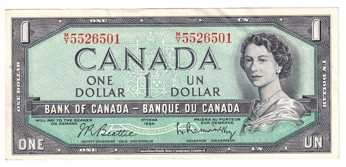 BC-37b 1954 Canada $1 Beattie-Rasminsky, M/Y, Almost Uncirculated (AU50)