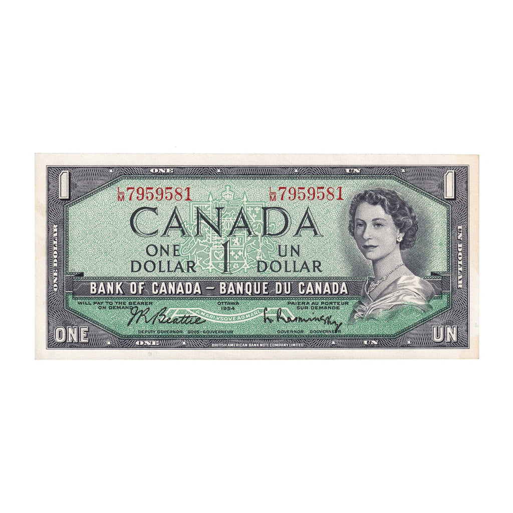 BC-37b-i 1954 Canada $1 Beattie-Rasminsky, L/M, AU-UNC (AU55)