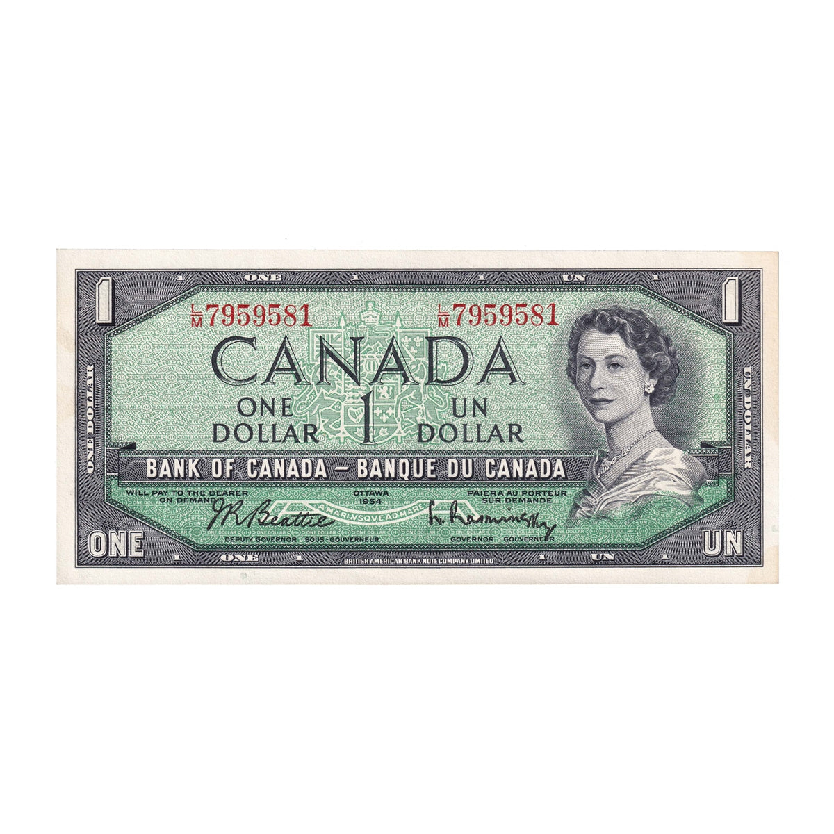 BC-37b-i 1954 Canada $1 Beattie-Rasminsky, L/M, AU-UNC (AU55)