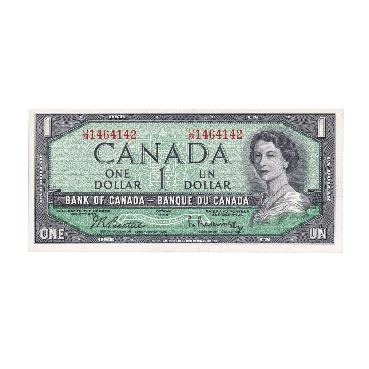 BC-37b-i 1954 Canada $1 Beattie-Rasminsky, U/M, Uncirculated (MS60)
