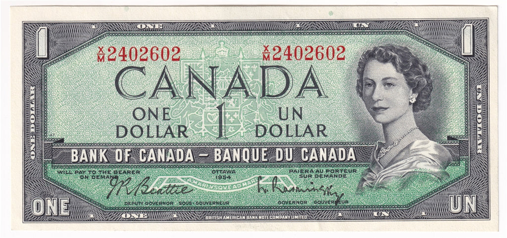 BC-37b-i 1954 Canada $1 Beattie-Rasminsky, X/M, Almost Uncirculated (AU50)