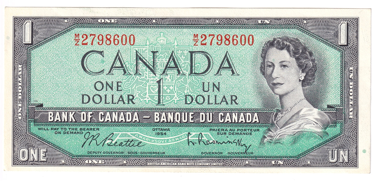 BC-37b-i 1954 Canada $1 Beattie-Rasminsky, M/Z, Almost Uncirculated (AU50)