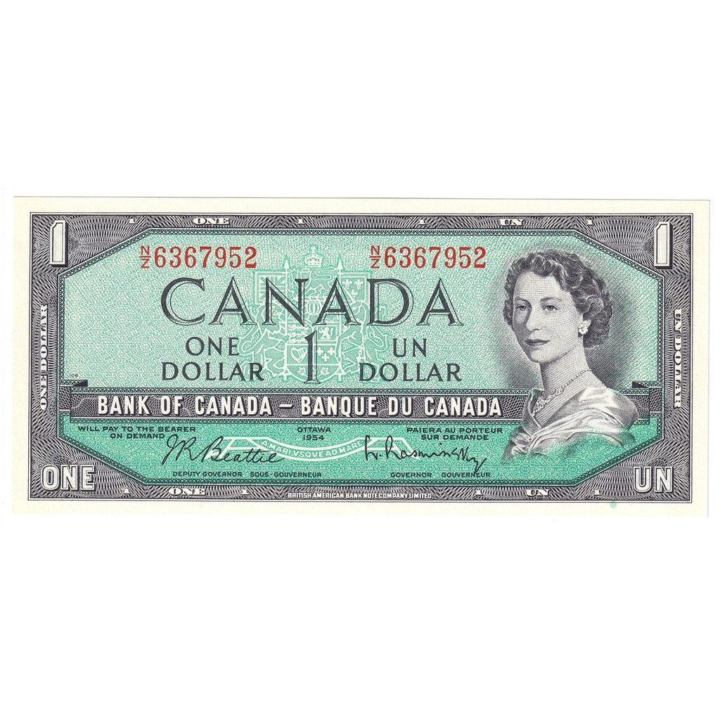BC-37b-i 1954 Canada $1 Beattie-Rasminsky, N/Z, Almost Uncirculated (AU50)