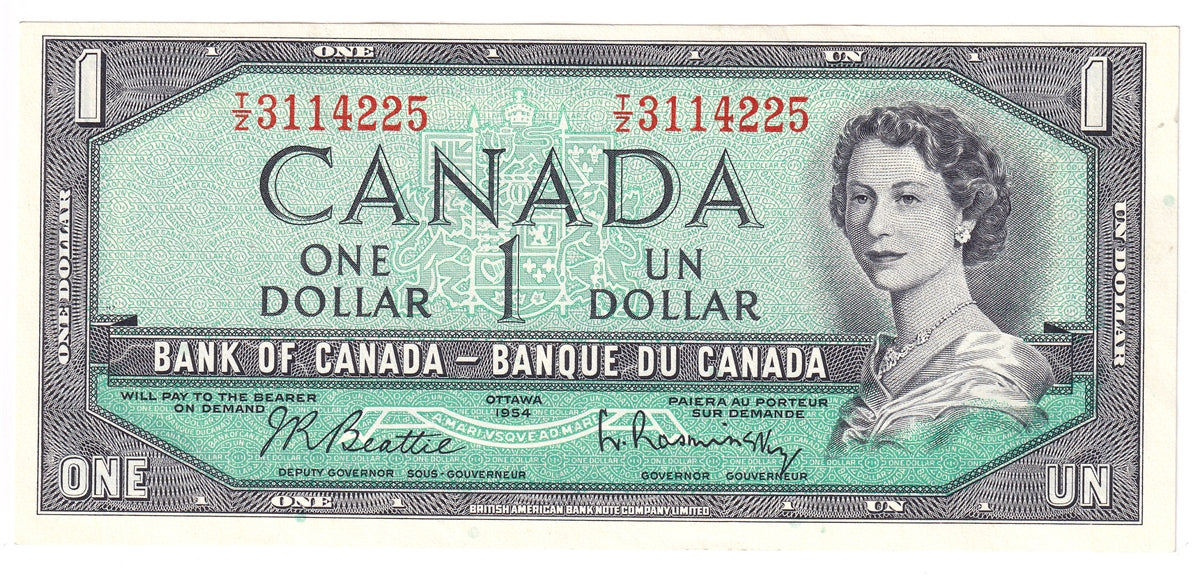 BC-37b-i 1954 Canada $1 Beattie-Rasminsky, T/Z, AU-UNC (AU55)