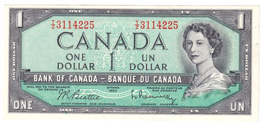 BC-37b-i 1954 Canada $1 Beattie-Rasminsky, T/Z, AU-UNC (AU55)