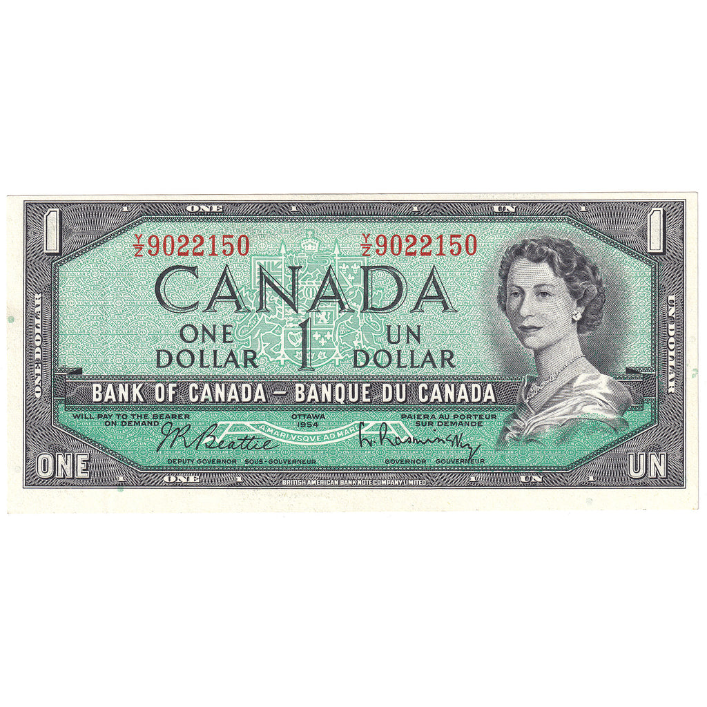BC-37b-i 1954 Canada $1 Beattie-Rasminsky, Y/Z, Almost Uncirculated (AU50)