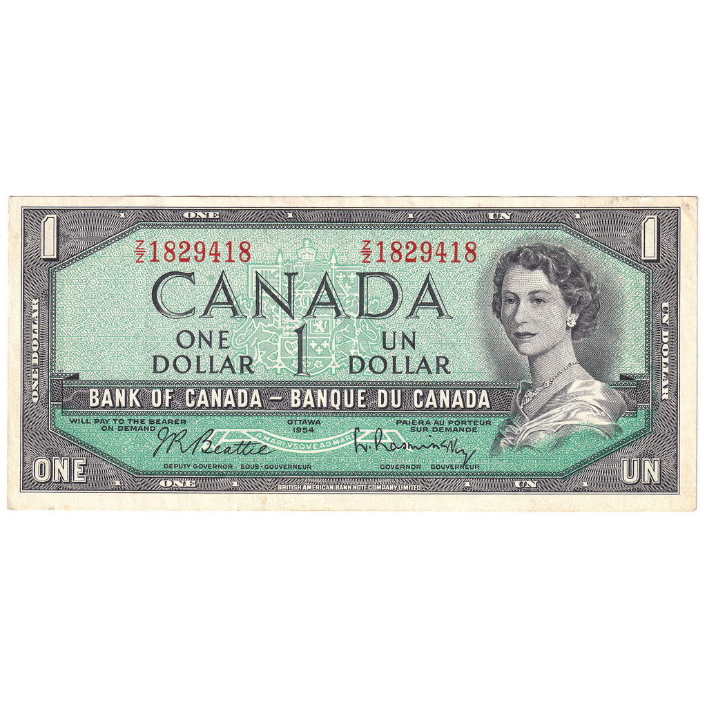 BC-37b-i 1954 Canada $1 Beattie-Rasminsky, Z/Z, Almost Uncirculated (AU50)